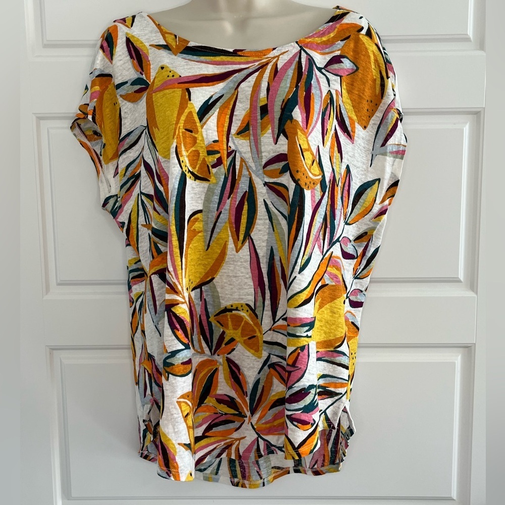 C&C California Linen Top Orange Floral Fruit Print Short Sleeve Blouse Sz XL